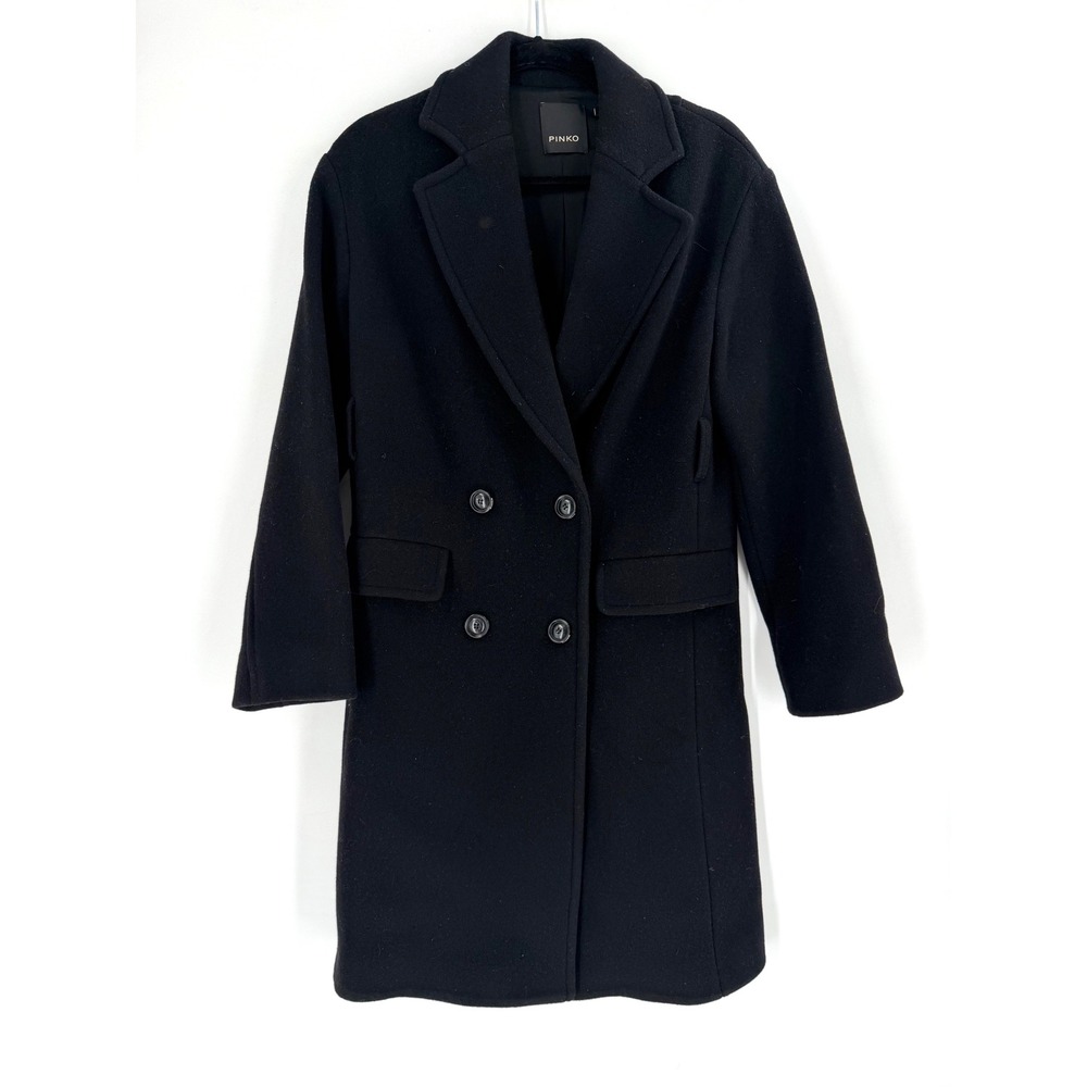 Pinko Double Breasted Coat Women Size 36 Black Virgin Wool Giacomino Minimalist